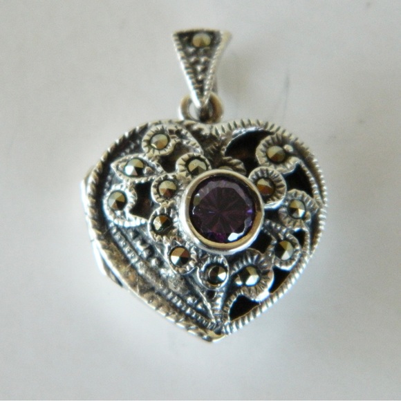 Vintage Solid 925 Sterling Silver Marcasite Amethyst Locket - Picture 1 of 4